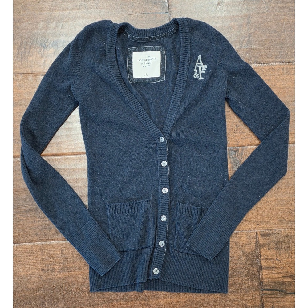 Y2K Belle Swan Style Abercrombie & Fitch Navy V-Neck Button  Logo Cardigan S